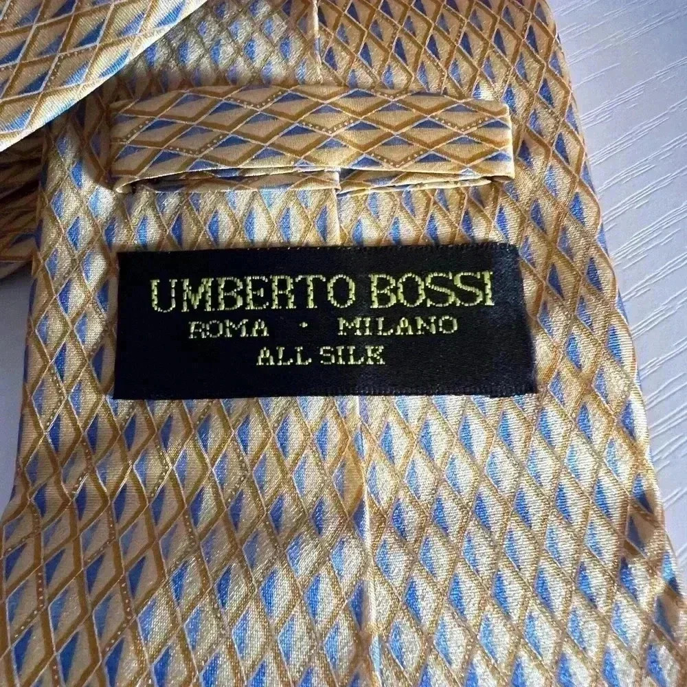 Umberto Bossi Silk Tie Yellow Gold Blue - Picture 3 of 5